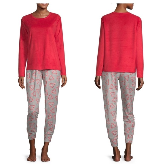 New Womens Fleece 2 Pc Pajama Set Red Candycanes - Picture 1 of 13